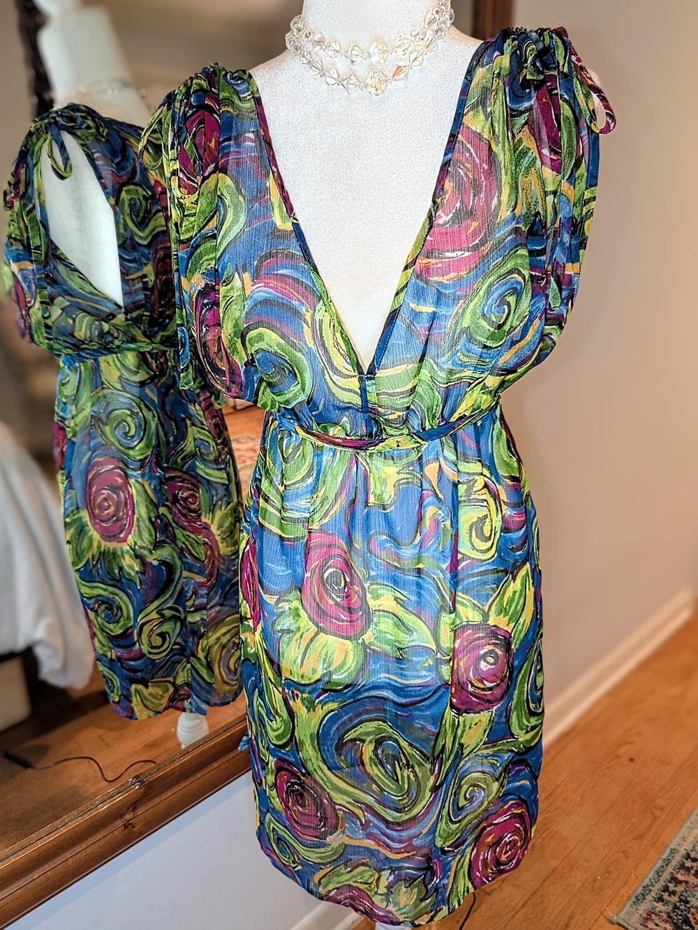 Sheer Floral V-Neck Swim Coverup in Blue & Green